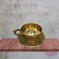 Vintage Style Brass Coffee Cup & Saucer Set with Floral Engraving