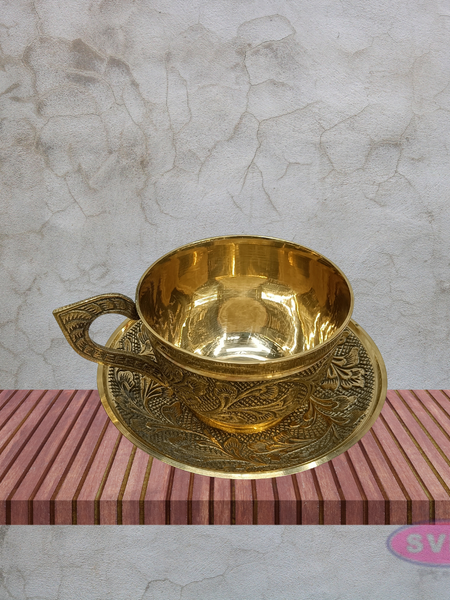 Vintage Style Brass Coffee Cup & Saucer Set with Floral Engraving