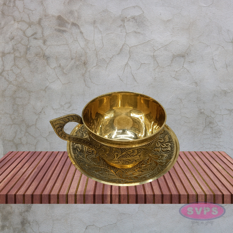 Vintage Style Brass Coffee Cup & Saucer Set with Floral Engraving