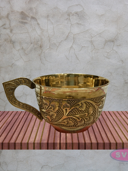 Vintage Style Brass Coffee Cup & Saucer Set with Floral Engraving