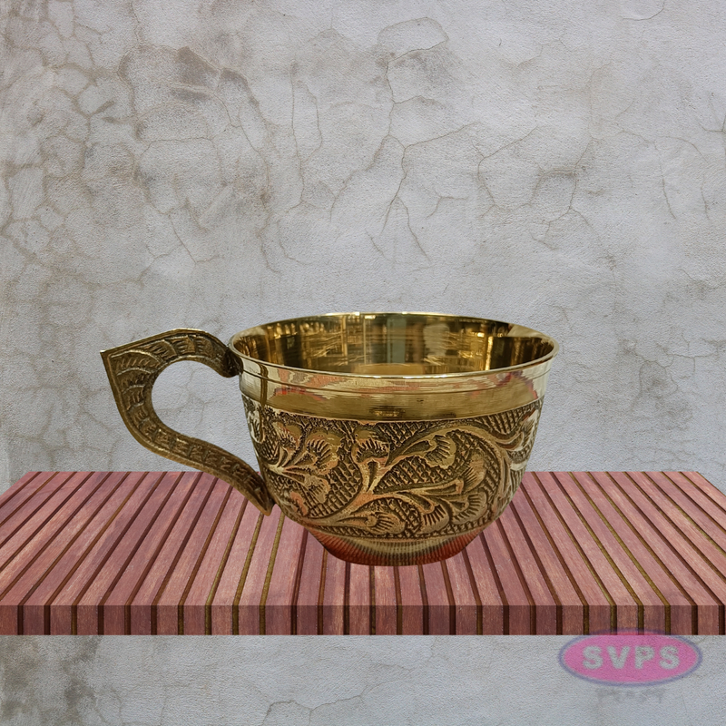 Vintage Style Brass Coffee Cup & Saucer Set with Floral Engraving