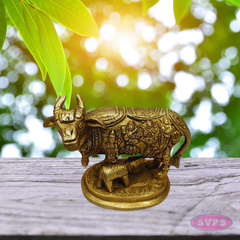 Kamadhenu Cow with Calf Brass Idol (Gods Embossed Design)