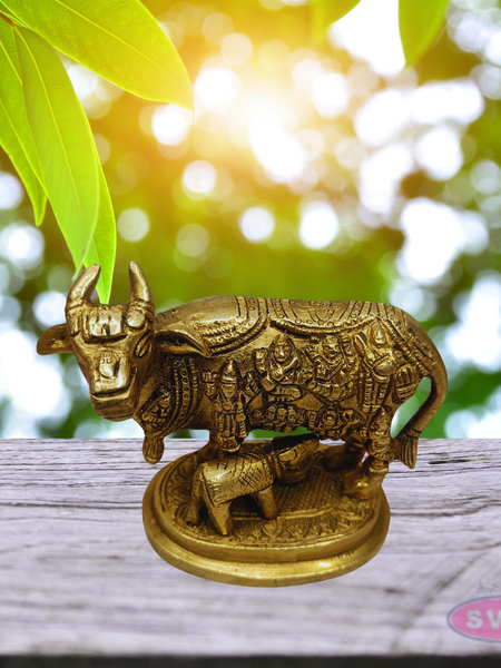 Kamadhenu Cow with Calf Brass Idol (Gods Embossed Design)