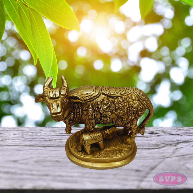 Kamadhenu Cow with Calf Brass Idol (Gods Embossed Design)