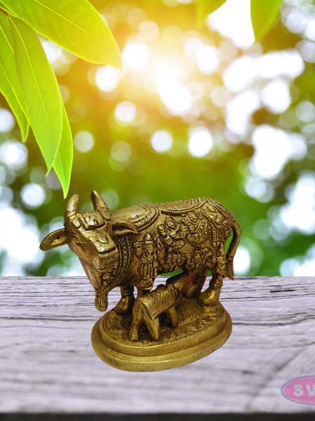 Kamadhenu Cow with Calf Brass Idol (Gods Embossed Design)