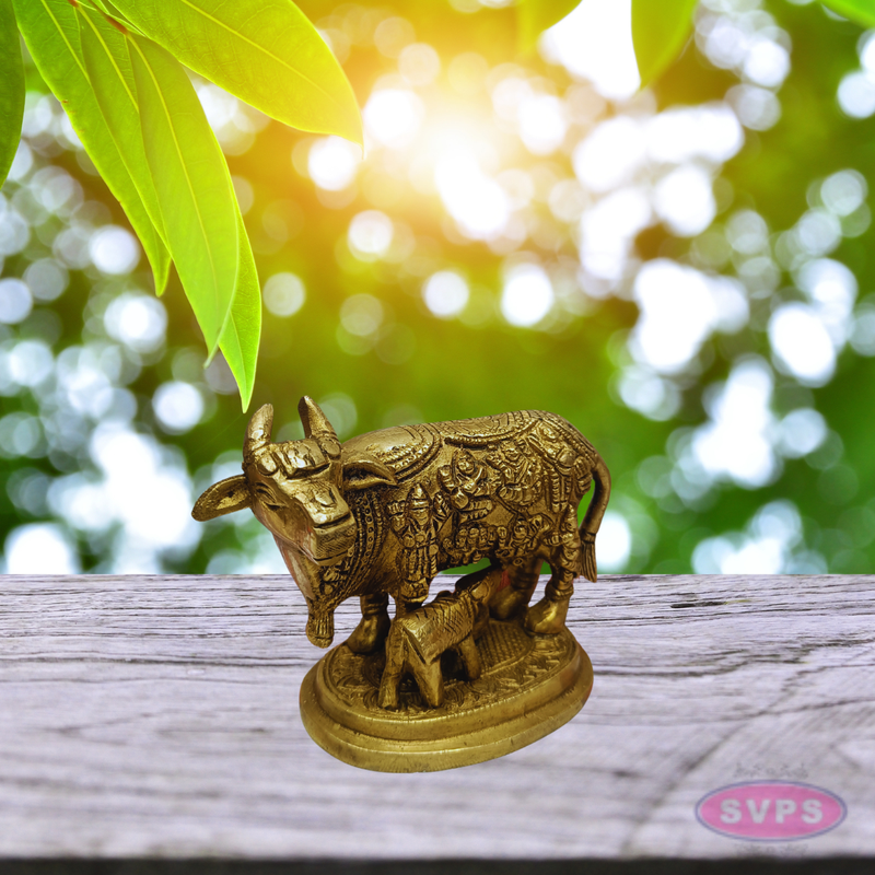 Kamadhenu Cow with Calf Brass Idol (Gods Embossed Design)