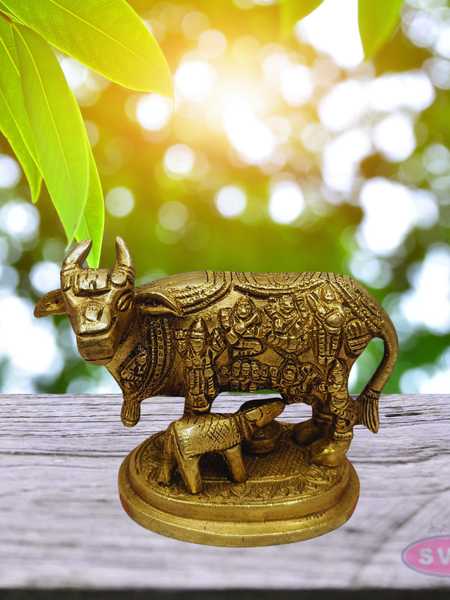 Kamadhenu Cow with Calf Brass Idol (Gods Embossed Design)