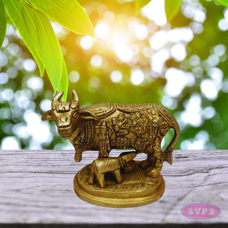 Kamadhenu Cow with Calf Brass Idol (Gods Embossed Design)