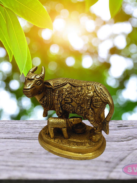 Kamadhenu Cow with Calf Brass Idol (Gods Embossed Design)