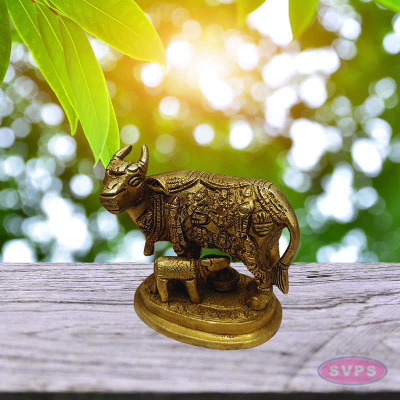 Kamadhenu Cow with Calf Brass Idol (Gods Embossed Design)