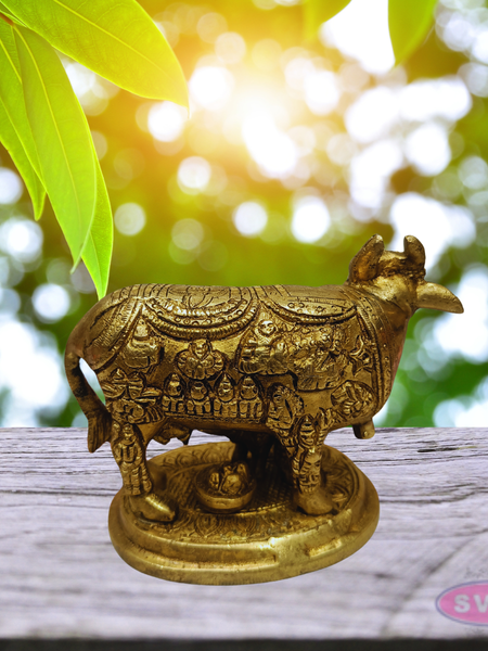 Kamadhenu Cow with Calf Brass Idol (Gods Embossed Design)