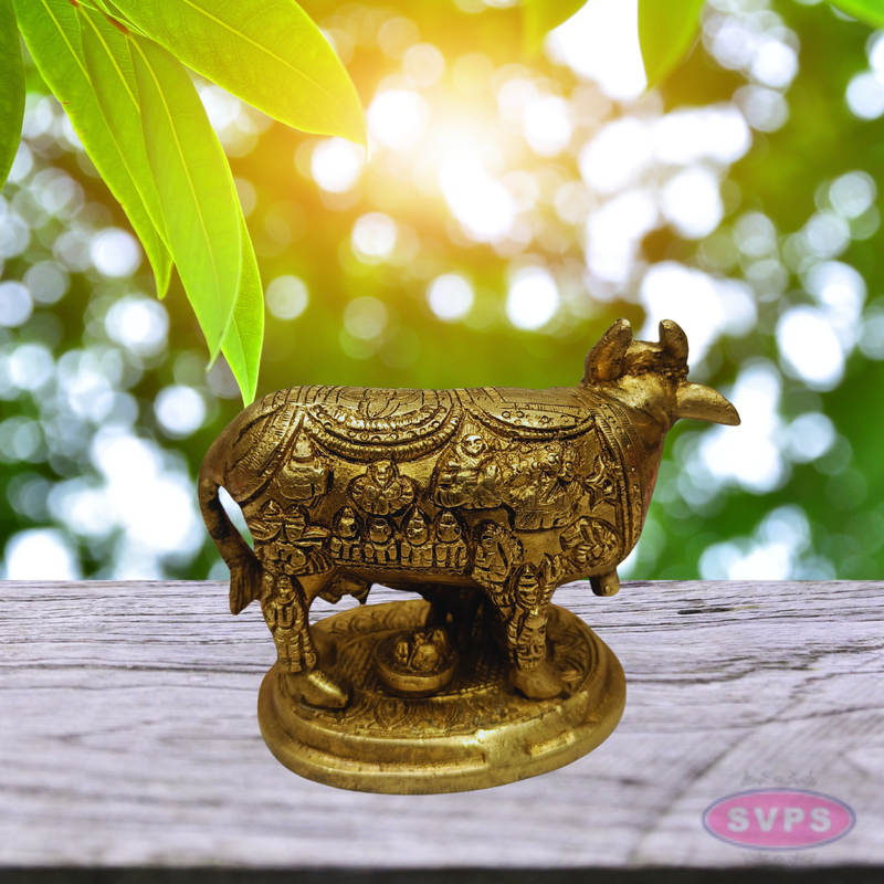 Kamadhenu Cow with Calf Brass Idol (Gods Embossed Design)