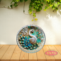 Decorative Silver Colored Round Shaped Peacock Design Metal Serving Tray
