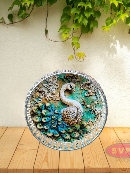 Decorative Silver Colored Round Shaped Peacock Design Metal Serving Tray