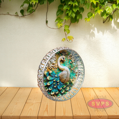 Decorative Silver Colored Round Shaped Peacock Design Metal Serving Tray