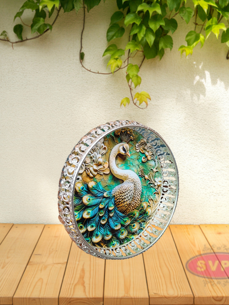 Decorative Silver Colored Round Shaped Peacock Design Metal Serving Tray