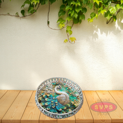 Decorative Silver Colored Round Shaped Peacock Design Metal Serving Tray