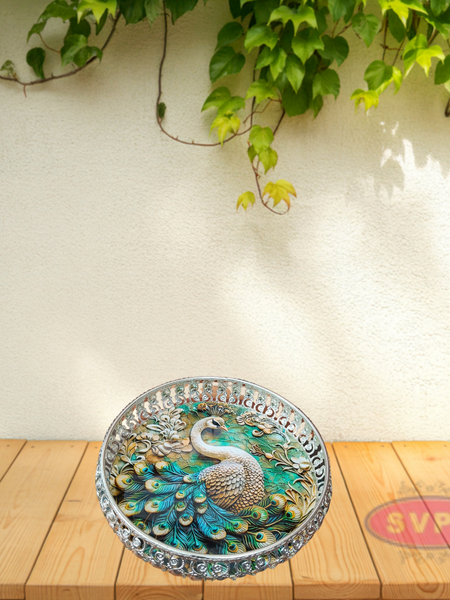 Decorative Silver Colored Round Shaped Peacock Design Metal Serving Tray