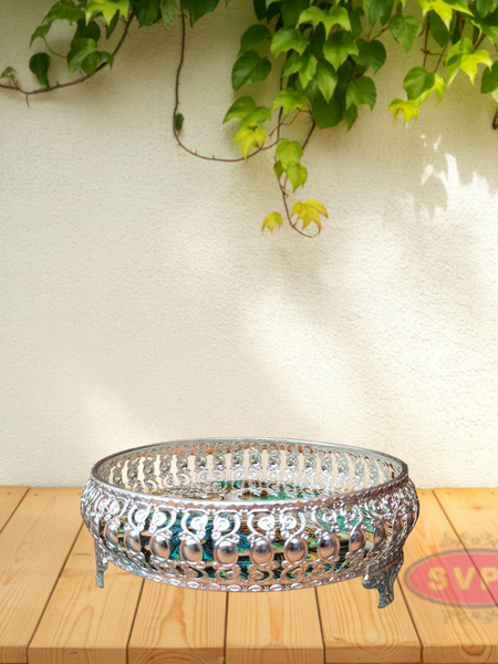 Decorative Silver Colored Round Shaped Peacock Design Metal Serving Tray