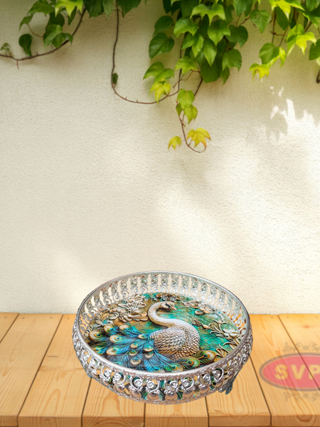 Decorative Silver Colored Round Shaped Peacock Design Metal Serving Tray
