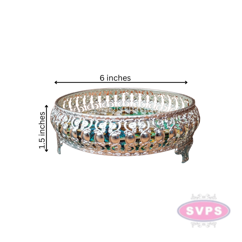 Decorative Silver Colored Round Shaped Peacock Design Metal Serving Tray