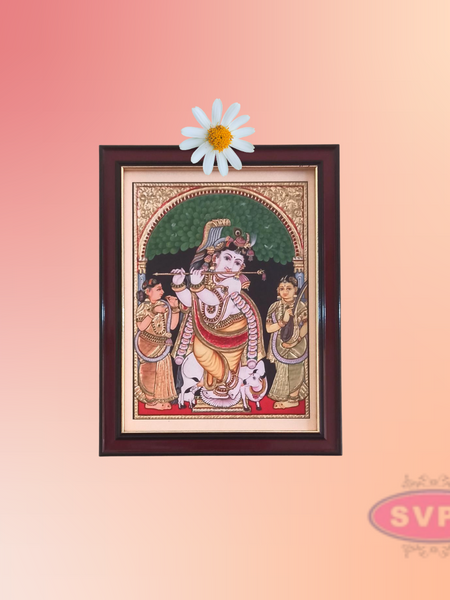 Flute Krishna with Bama and Rukmani Antique Photo Frame