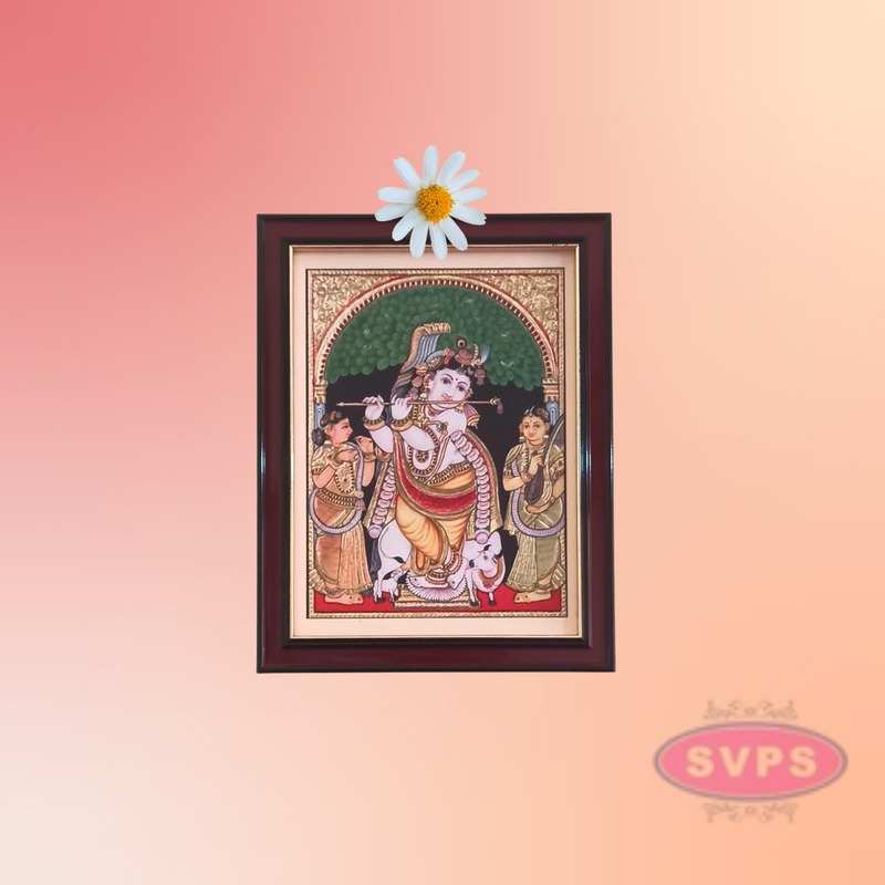 Flute Krishna with Bama and Rukmani Antique Photo Frame