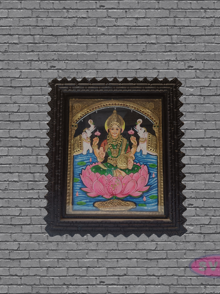 Goddess Gajalakshmi Tanjore Art with Antique Finish Teak Wood Frame