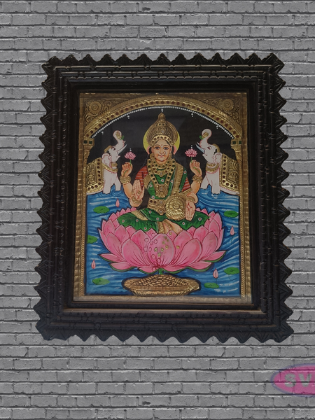 Goddess Gajalakshmi Tanjore Art with Antique Finish Teak Wood Frame