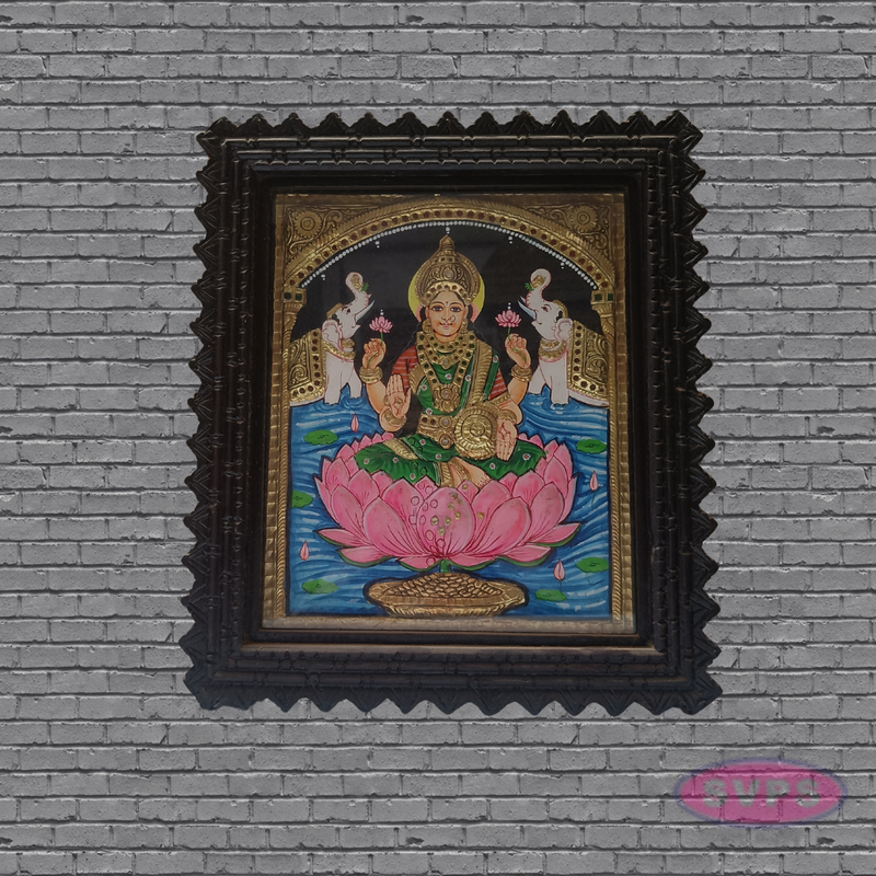 Goddess Gajalakshmi Tanjore Art with Antique Finish Teak Wood Frame