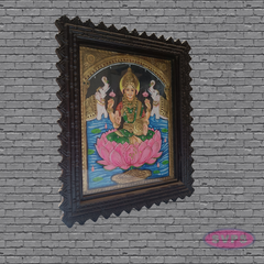 Goddess Gajalakshmi Tanjore Art with Antique Finish Teak Wood Frame