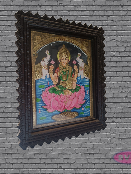 Goddess Gajalakshmi Tanjore Art with Antique Finish Teak Wood Frame