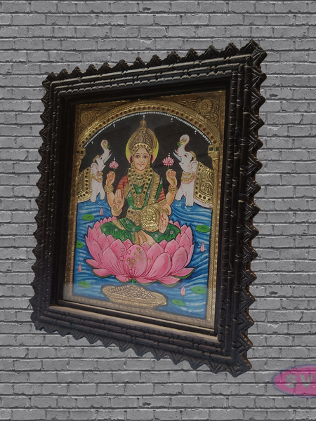 Goddess Gajalakshmi Tanjore Art with Antique Finish Teak Wood Frame