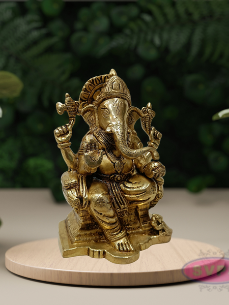 Brass Lord Ganesha Idol Sitting on Throne – 6.5 Inch Decorative Statue