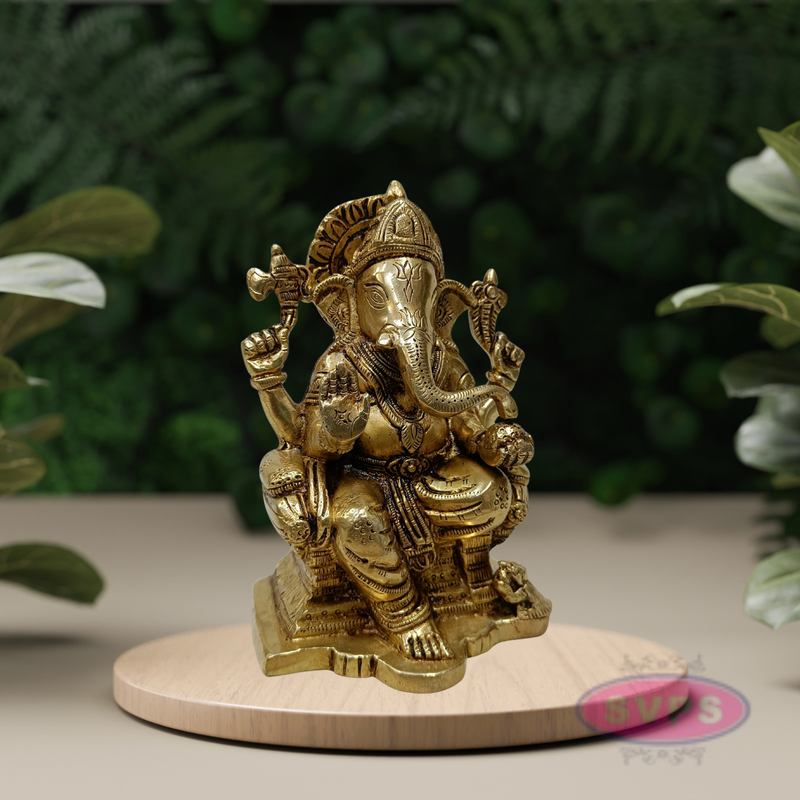 Brass Lord Ganesha Idol Sitting on Throne – 6.5 Inch Decorative Statue