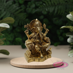 Antique Brass Lord Ganesha Idol Sitting on Throne – Traditional Hindu Statue