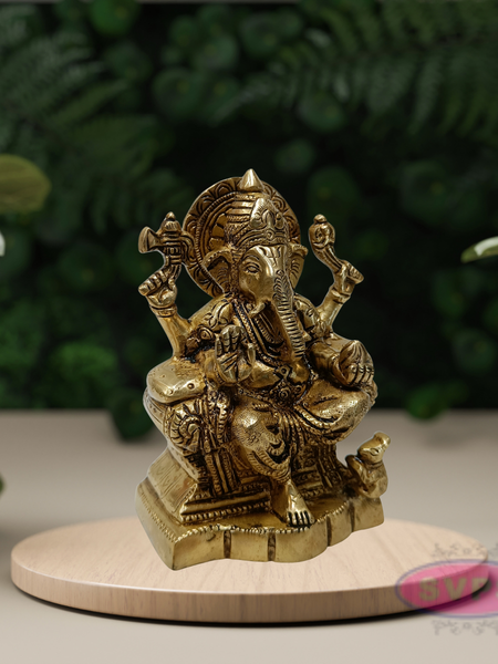 Antique Brass Lord Ganesha Idol Sitting on Throne – Traditional Hindu Statue