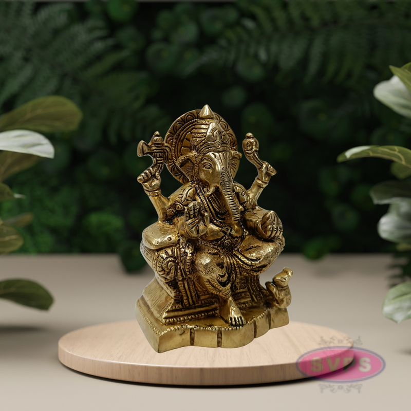 Antique Brass Lord Ganesha Idol Sitting on Throne – Traditional Hindu Statue