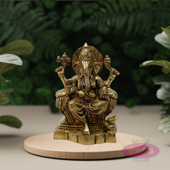 Antique Brass Lord Ganesha Idol Sitting on Throne – Traditional Hindu Statue