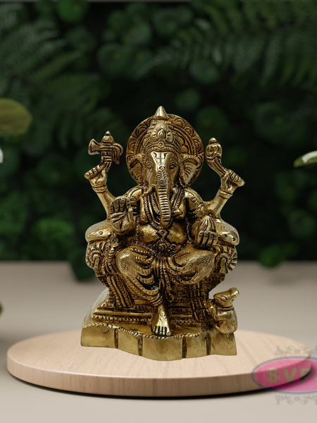 Antique Brass Lord Ganesha Idol Sitting on Throne – Traditional Hindu Statue