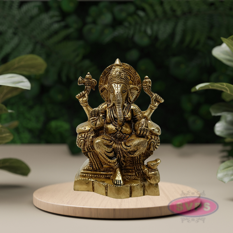 Antique Brass Lord Ganesha Idol Sitting on Throne – Traditional Hindu Statue