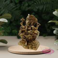 Antique Brass Lord Ganesha Idol Sitting on Throne – Traditional Hindu Statue