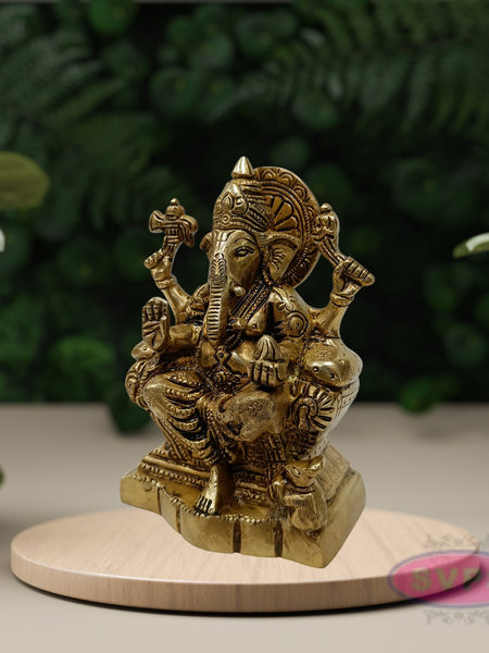 Antique Brass Lord Ganesha Idol Sitting on Throne – Traditional Hindu Statue