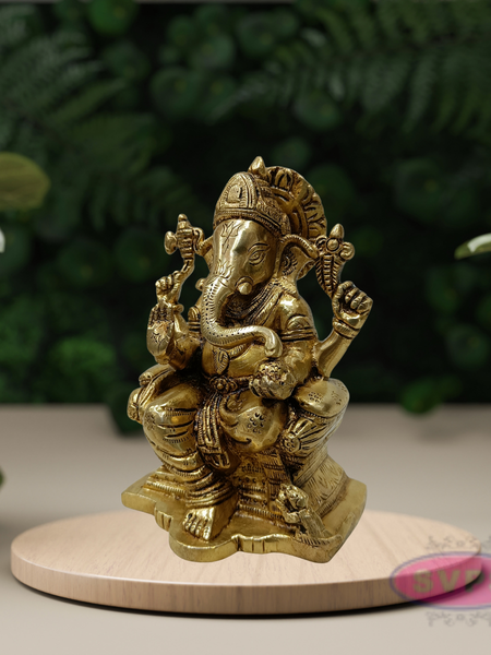 Brass Lord Ganesha Idol Sitting on Throne – 6.5 Inch Decorative Statue