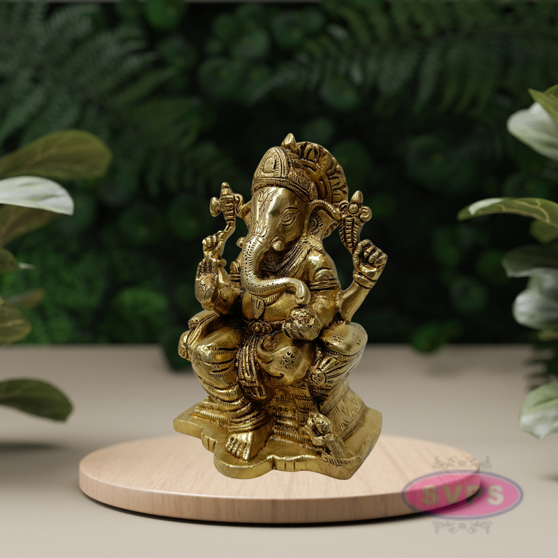 Brass Lord Ganesha Idol Sitting on Throne – 6.5 Inch Decorative Statue