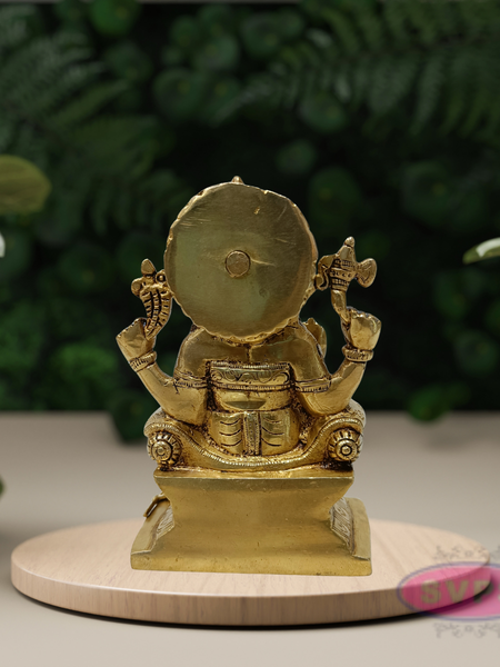 Brass Lord Ganesha Idol Sitting on Throne – 6.5 Inch Decorative Statue