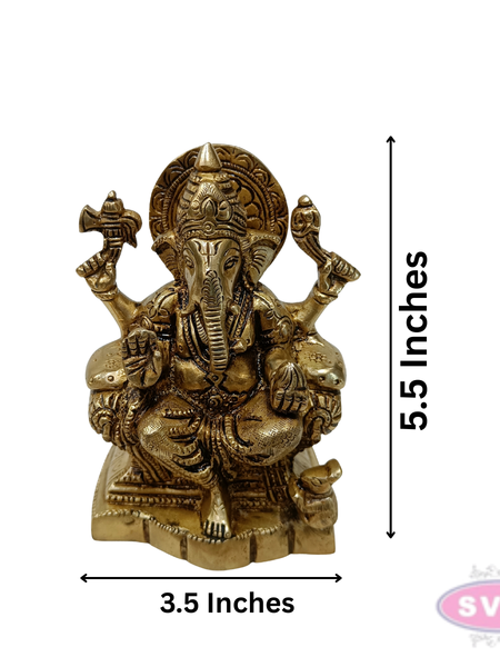 Antique Brass Lord Ganesha Idol Sitting on Throne – Traditional Hindu Statue
