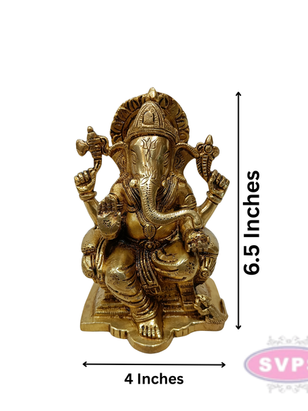 Brass Lord Ganesha Idol Sitting on Throne – 6.5 Inch Decorative Statue