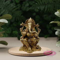 Brass Lord Ganesha Idol Sitting on Throne – 6.5 Inch Decorative Statue