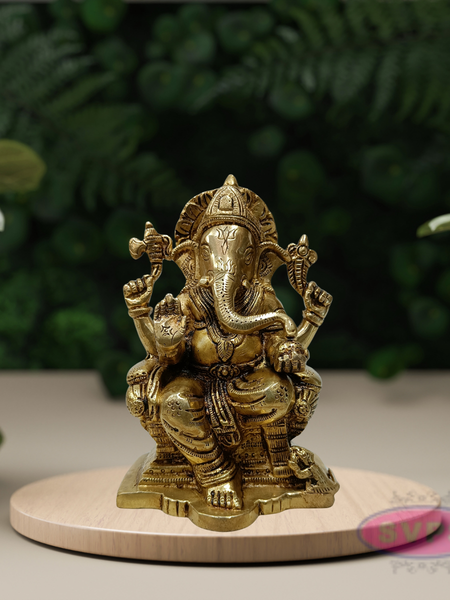 Brass Lord Ganesha Idol Sitting on Throne – 6.5 Inch Decorative Statue